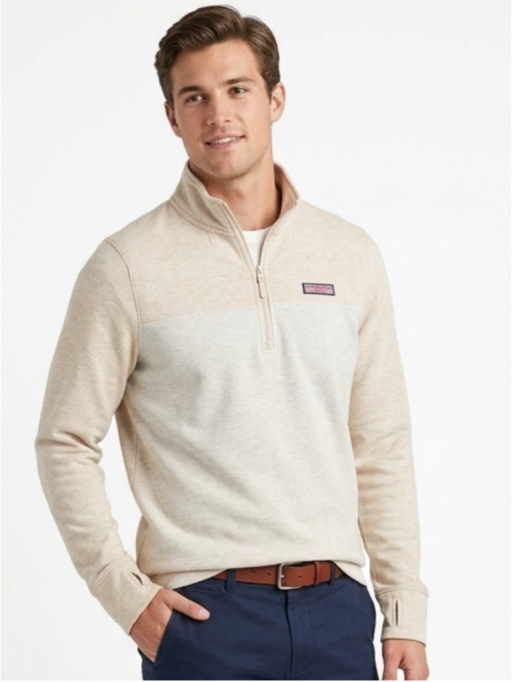 VINEYARD VINES Dreamcloth Shep Shirt Quarter Zip Pullover Sweater Beige Cream LG